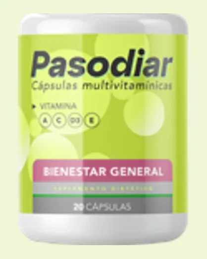 Etiqueta de Pasodiar: Bienestar general, suplemento dietético, 20 cápsulas